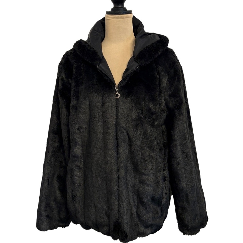 Charles Klein Black Faux Fur Hooded Jacket Zip Up XL Plush Winter Coat